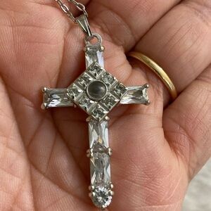 Cross with‎ Multi Cut Crystals Pendant Necklace Silver Tone